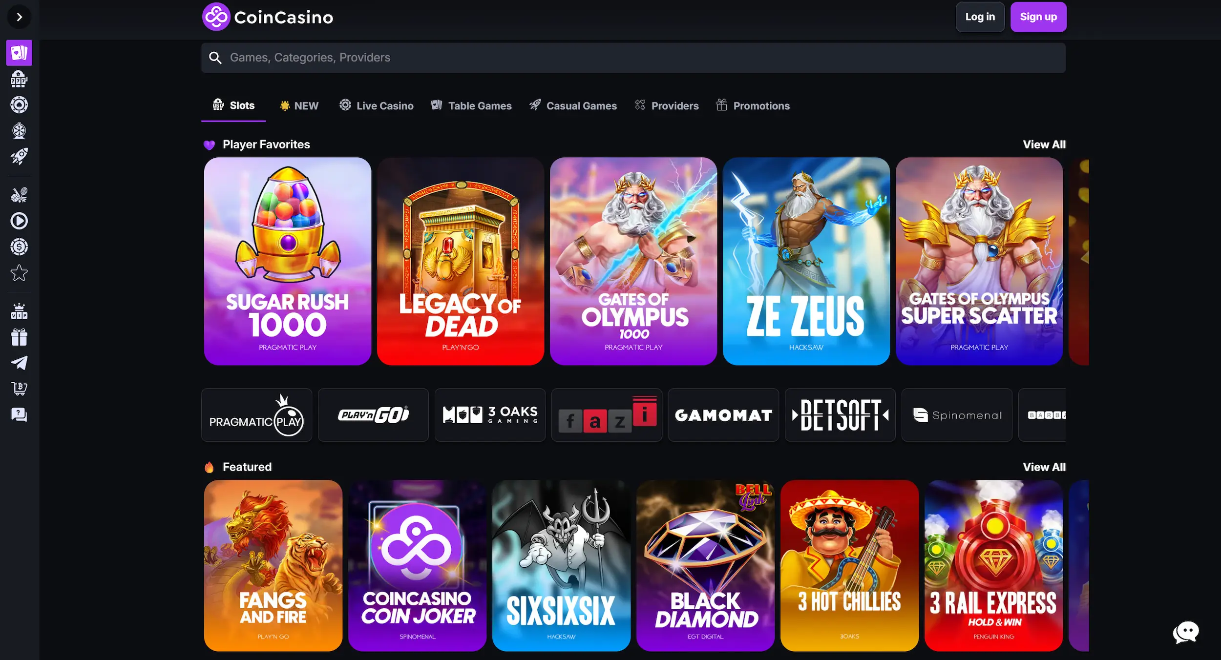 CoinCasino homepage showing selection of pokies, game providers and site navigation