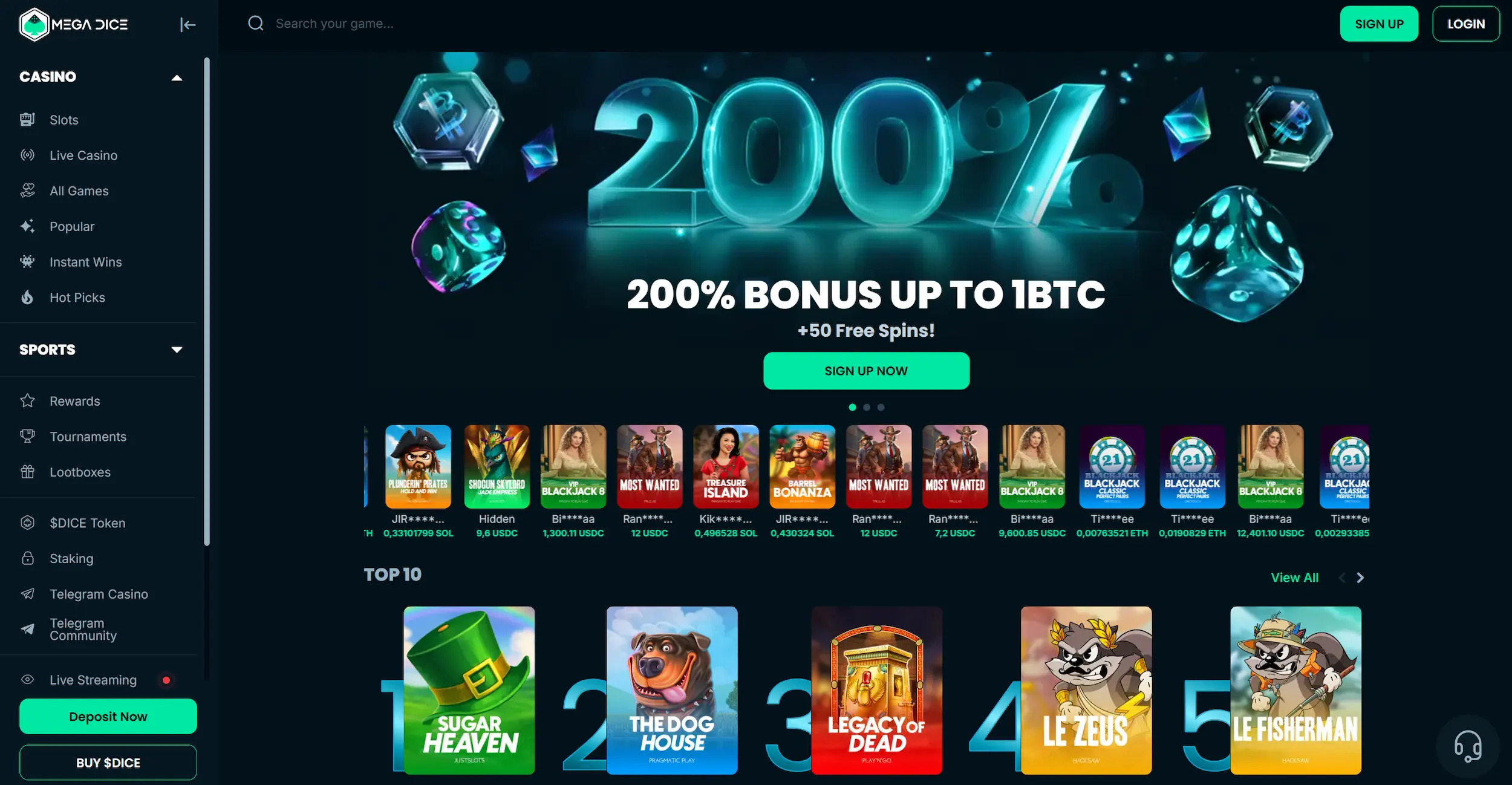 Mega Dice casino page showing 200% bonus offer, top pokies and site main navigation