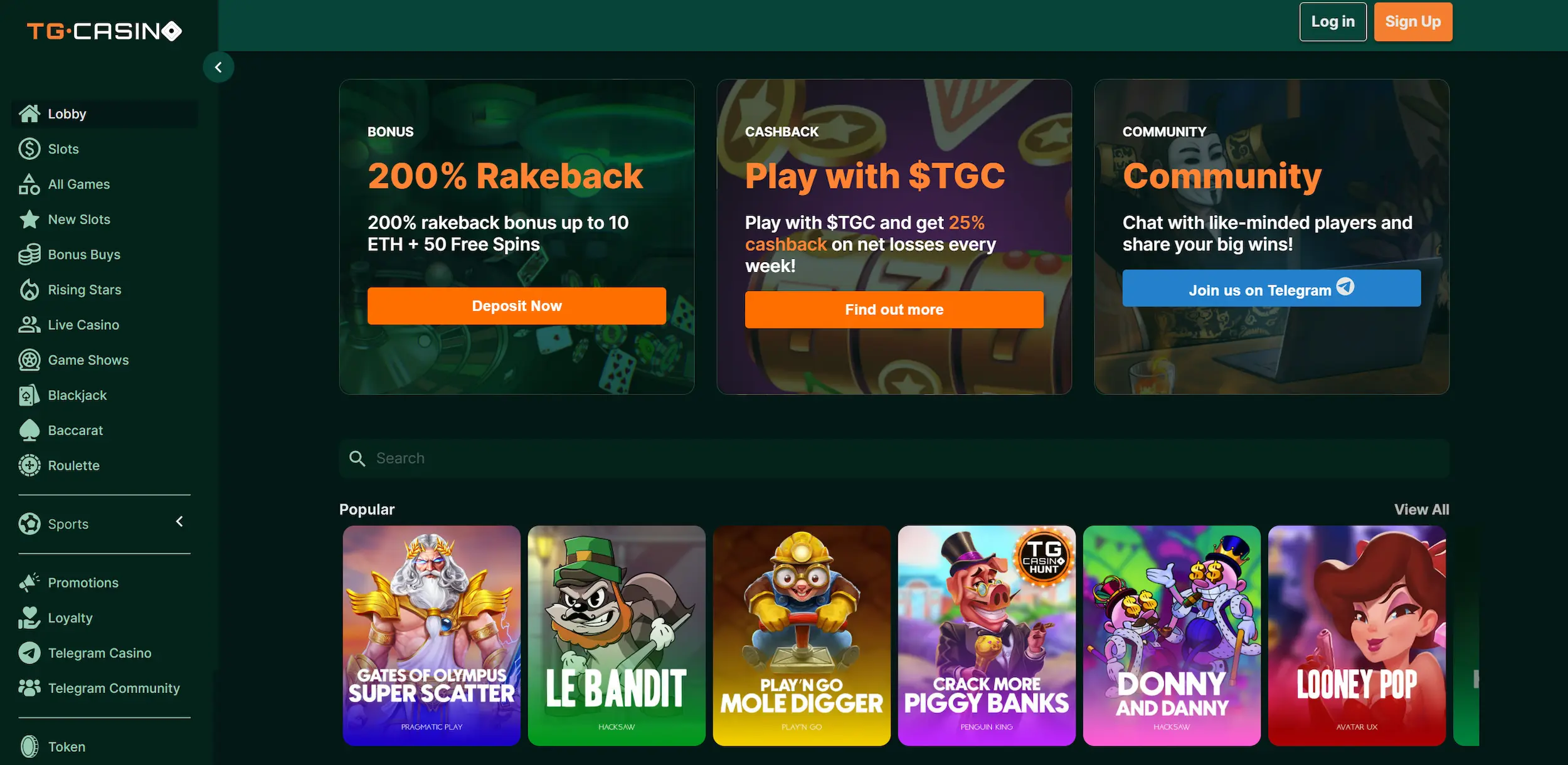TG casino page featuring bonus offers, pokies and site main navigation